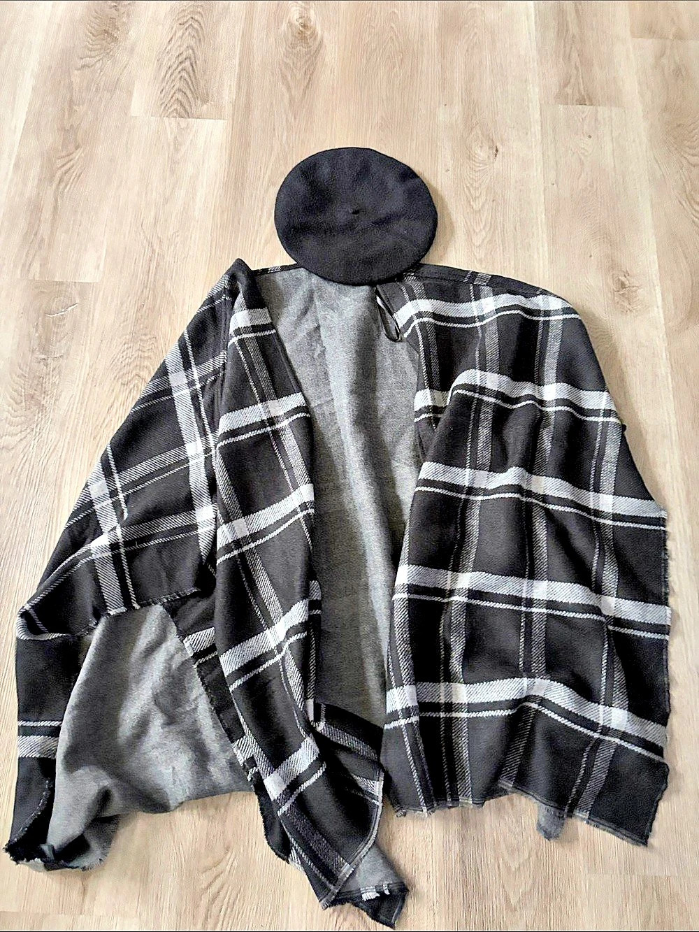 Black Plaid Cape Shawl with Hat